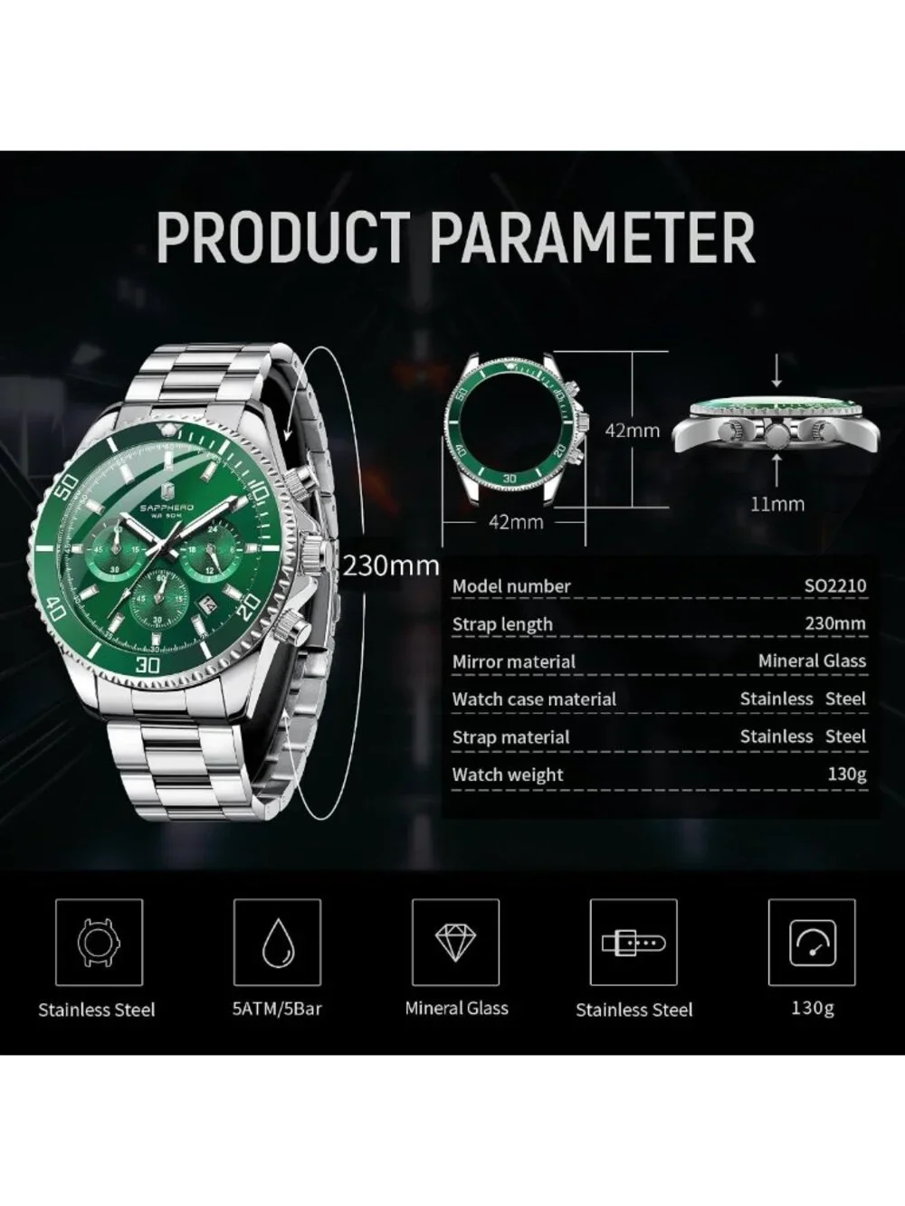 Stylish Men's Analog Quartz Chronograph Watch - 50M Waterproof, Stainless Steel